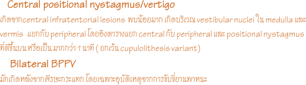    Central positional nystagmus/vertigo                                                        เกิดจากcentral infratentorial lesions  พบน้อยมาก เกิดบริเวณ vestibular nuclei ใน medulla และ vermis   แยกกับ peripheral โดยอิงตารางแยก central กับ peripheral และ positional nystagmus ที่ตีขึ้นบน หรือเป็น มากกว่า 1 นาที ( ยกเว้น cupulolithesis variant)
    Bilateral BPPV 
มักเกิดหลังจากศีรษะกระแทก โดยเฉพาะอุบัติเหตุจากการขับขี่ยานพาหนะ

