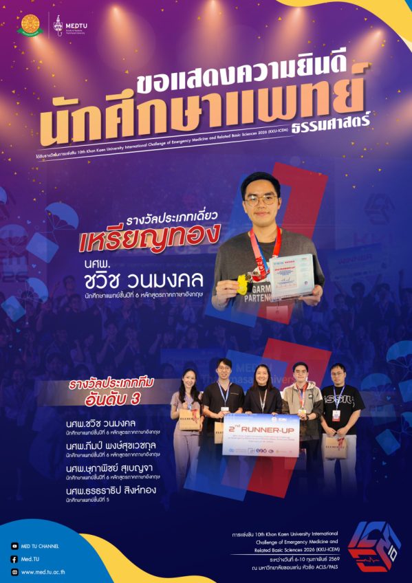 นักศึกษาแพทย์ที่ ได้รับรางวัลจากการแข่งขันความรู้และทักษะวิชาการด้านเวชศาสตร์ฉุกเฉินระดับนานาชาติ Khon Kaen University International Challenge of Emergency Medicine and Related Basic Sciences (10th KKU ICEM 2026)
