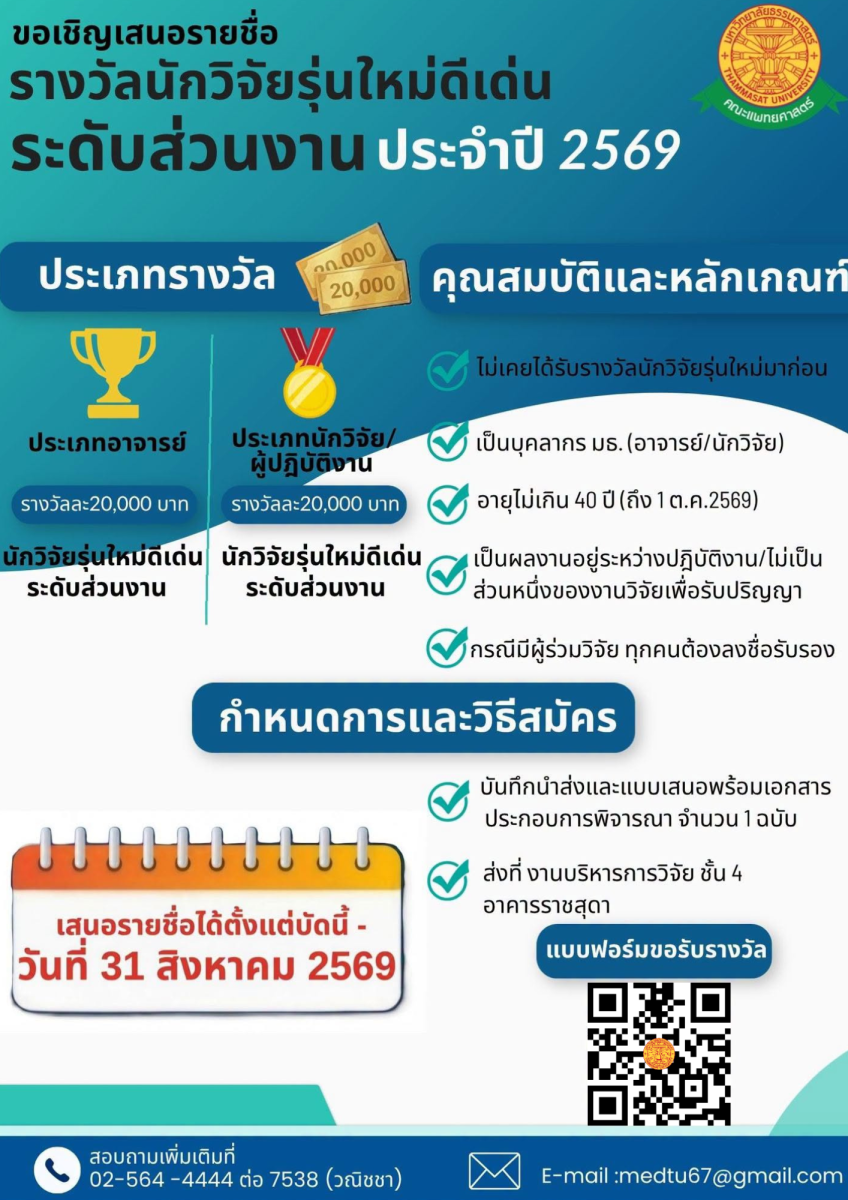 ขอเชิญชวนอาจารย์ นักวิจัย และผู้ปฏิบัติงานที่มีผลงานวิจัยโดดเด่น เสนอรายชื่อเพื่อเข้ารับการพิจารณา รางวัลนักวิจัยรุ่นใหม่ดีเด่นระดับส่วนงาน ประจำปี 2569