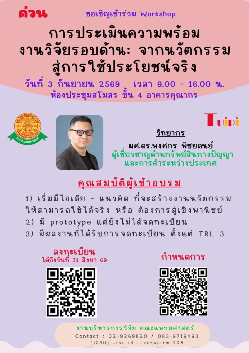 Workshop “ประเมินความพร้อมงานวิจัยรอบด้าน: จากนวัตกรรมสู่การใช้ประโยชน์จริง”