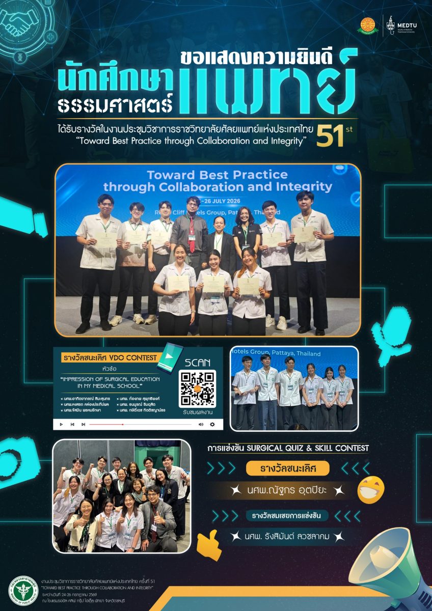 ขอแสดงความยินดีนักศึกษาแพทย์ธรรมศาสตร์ ในโอกาสได้รับรางวัลในงานประชุมวิชาการราชวิทยาลัยศัลยแพทย์แห่งประเทศไทย ครั้งที่ 51
