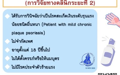 ประสิทธิผลและความปลอดภัยของสเปรย์ไมโครอิมัลชันตำรับยาแก้เรื้อนมูลนก ในผู้ป่วยสะเก็ดเงินระดับรุนแรงน้อยชนิดผื่นหนา