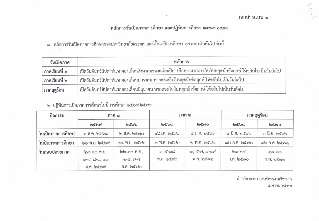 แนวทางการบริหารจัดการสำหรับนักศึกษาที่ได้รับผลกระทบจากการเลื่อนวันเปิดภาคการศึกษา ในปีการศึกษา 2568 และการกำหนดวันเปิด-ปิดภาคการศึกษาของมหาวิทยาลัยธรรมศาสตร์ ตั้งแต่ปีการศึกษา 2569 เป็นต้นไป