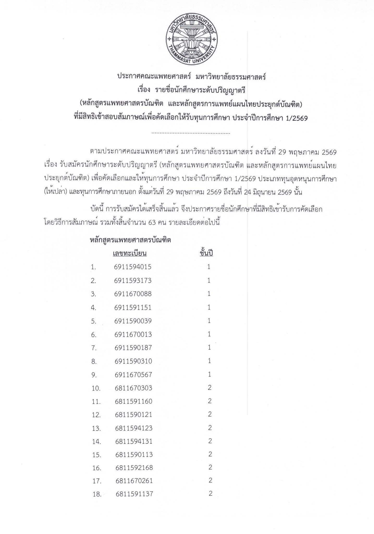 ประกาศรายชื่อนักศึกษาที่มีสิทธิ์สัมภาษณ์ เพื่อขอรับทุนการศึกษา ประจำปีการศึกษา 1/2569